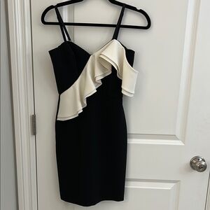 Parker Black and White Asymmetrical Ruffled One Shoulder Dress